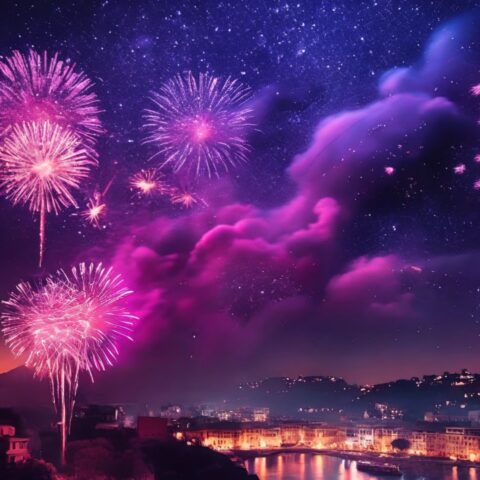 UX in 2023: Pink and purple New Year's Eve fireworks over a city on the water