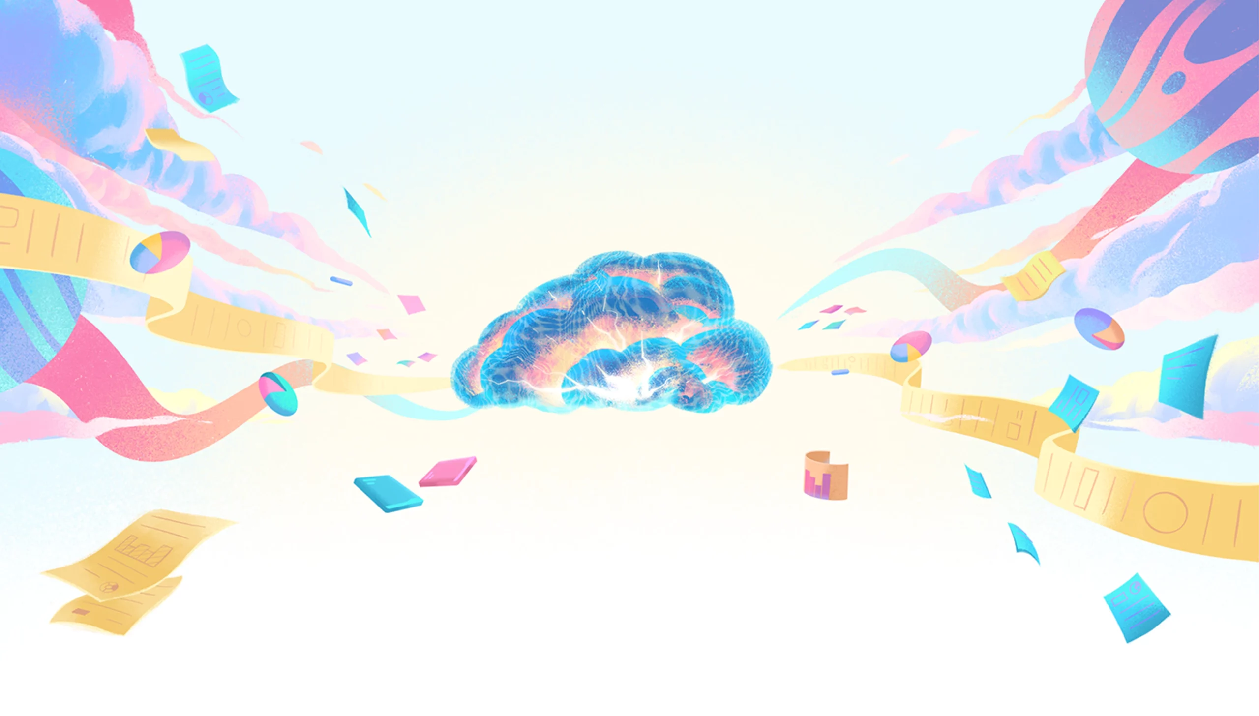 AI in UX Research - illustration of a brain cloud extracting information from everywhere