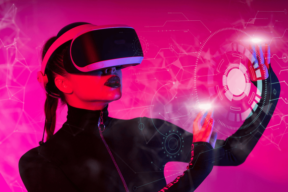 Woman wearing a virtual reality headset interacting with a futuristic digital interface, highlighting VR technology in a vibrant setting.
