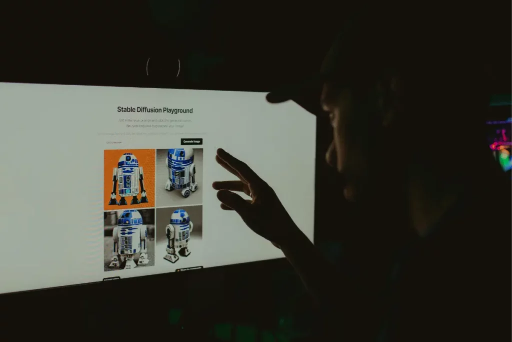 Person using Stable Diffusion Playground on a monitor, pointing at R2-D2 images to generate new AI art in a dark environment.