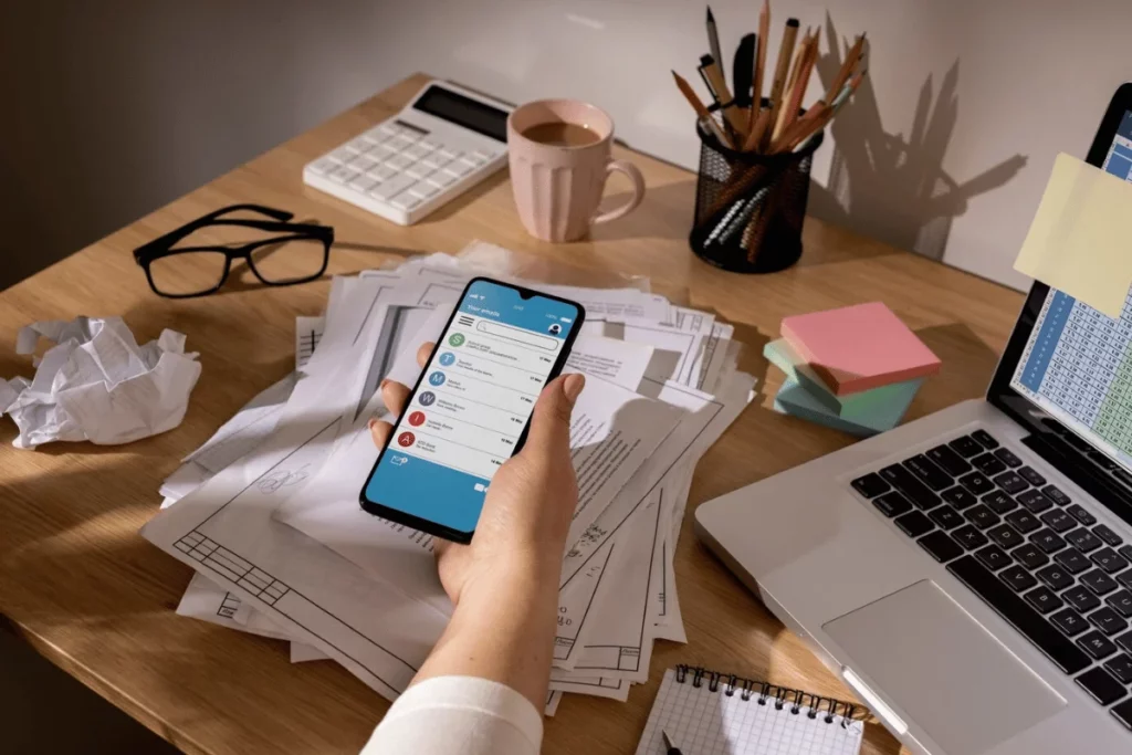 A person using a smartphone on a desk in front of a laptop and a notebook.