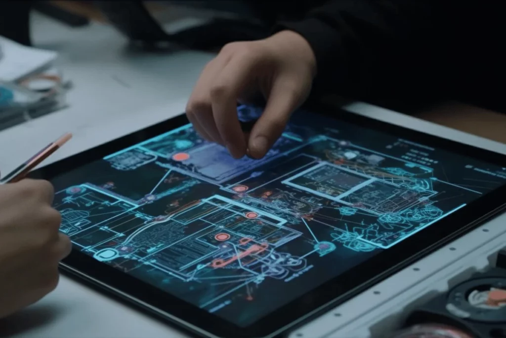 Close-up of hands interacting with a tablet displaying a complex engineering diagram.