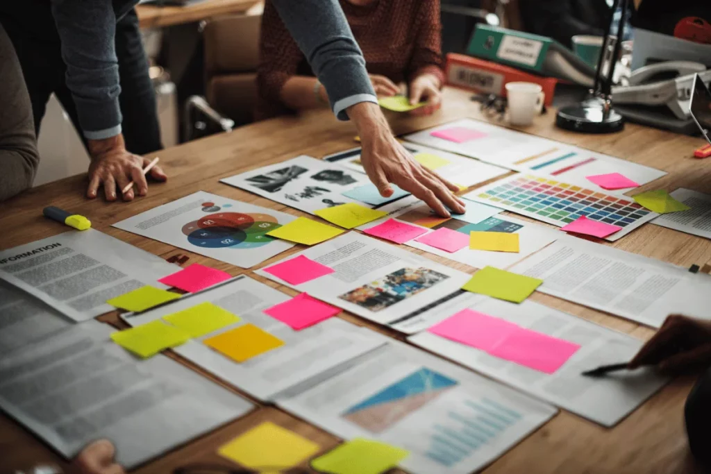 A group of people sitting around a table with sticky notes.