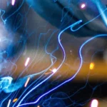 Close-up of a welder in action with bright blue sparks flying from the welding torch.