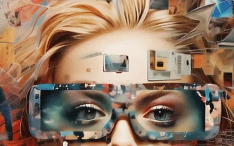 Person wearing augmented reality glasses, surrounded by digital imagery.