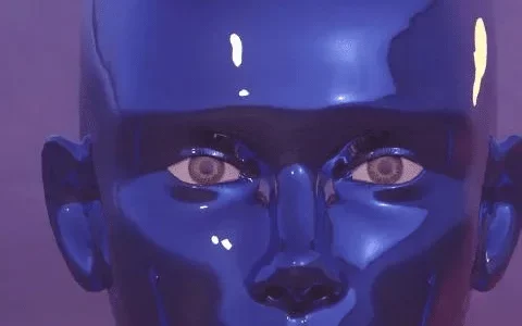 A glossy blue humanoid head set against a soft purple background.