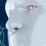 Profile view of a humanoid robot head against a digital network background, highlighting AI and technology.