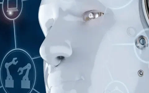 Profile view of a humanoid robot head against a digital network background, highlighting AI and technology.