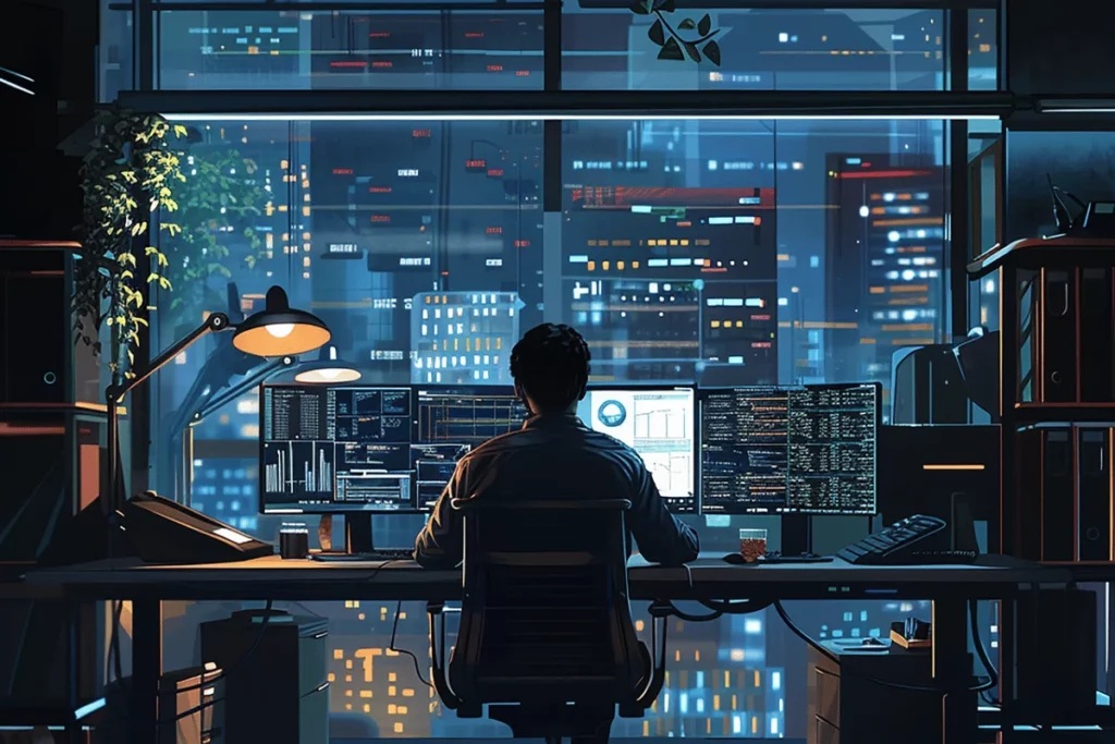 Programmer coding on multiple screens in a city-view office during the night.