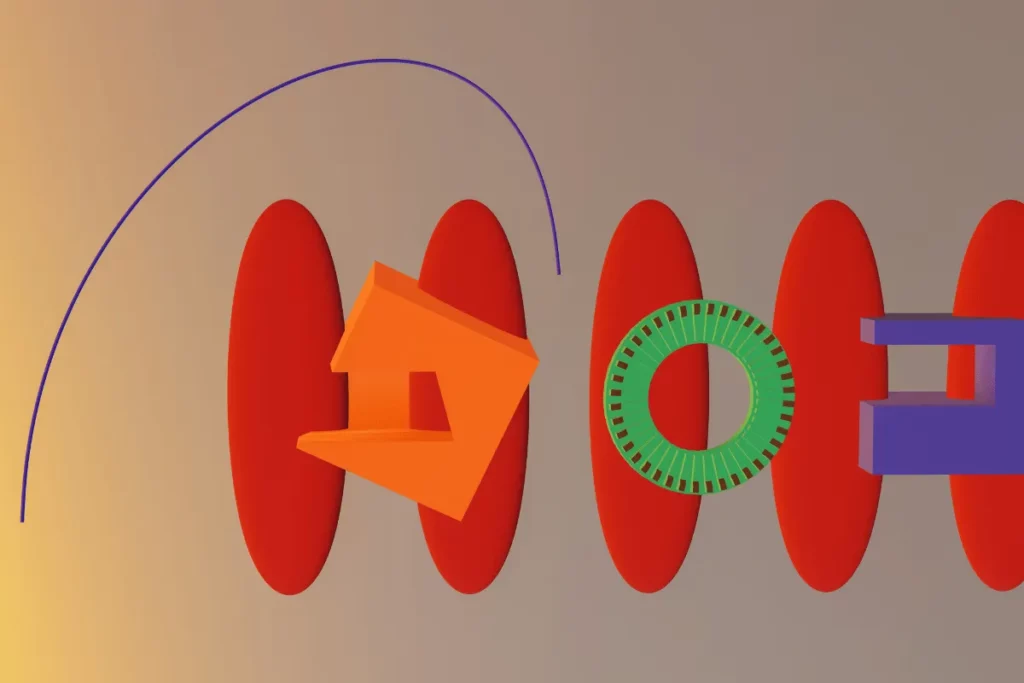 Modern geometric design with bold colors and a playful, futuristic aesthetic.