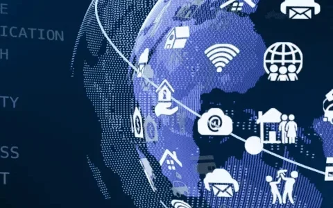 Digital globe with icons representing various technology and communication concepts.