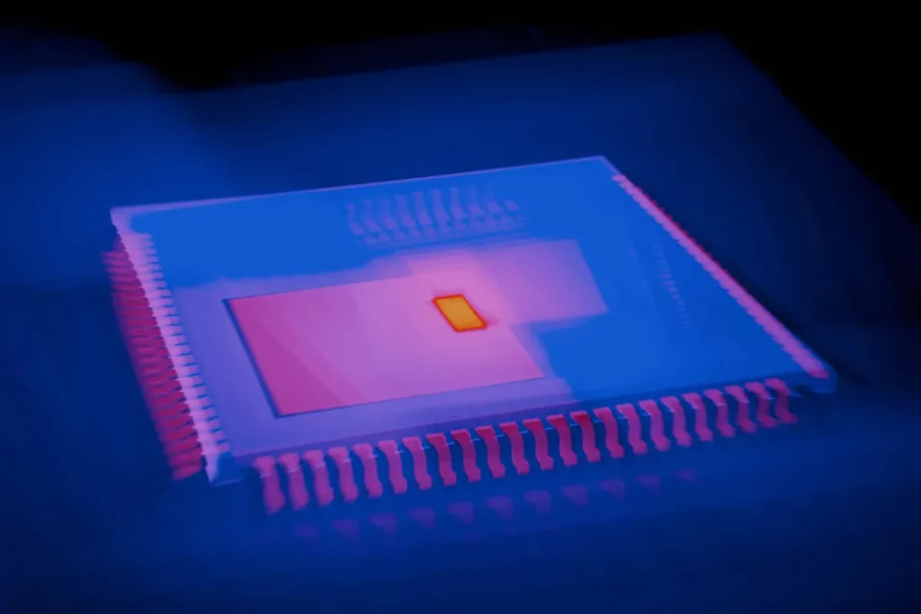 Glowing microprocessor chip under blue light with a focus on its central part.