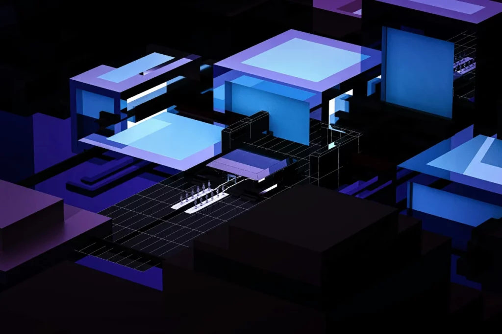 Futuristic architecture with glowing squares and cubes over a grid floor.