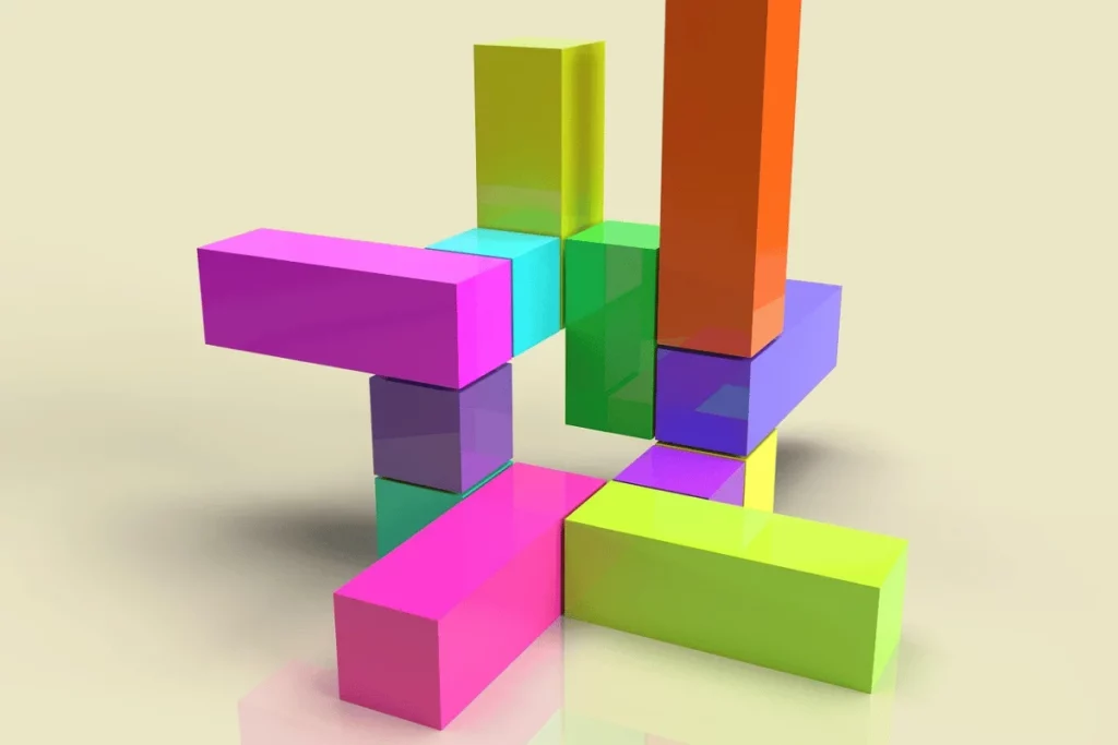 3D colorful rectangular blocks stacked in abstract form.