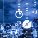 Cityscape at night with superimposed digital icons representing modern technology and communication.