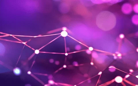 Abstract digital network background with glowing purple and pink nodes connected by lines.