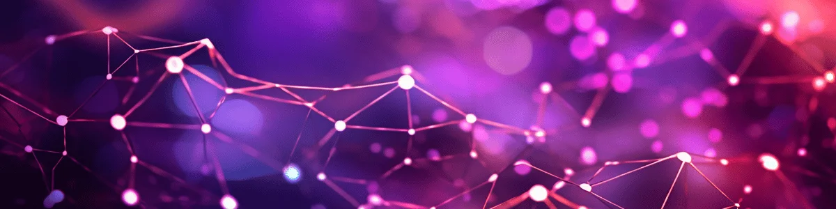 Abstract digital network background with glowing purple and pink nodes connected by lines.