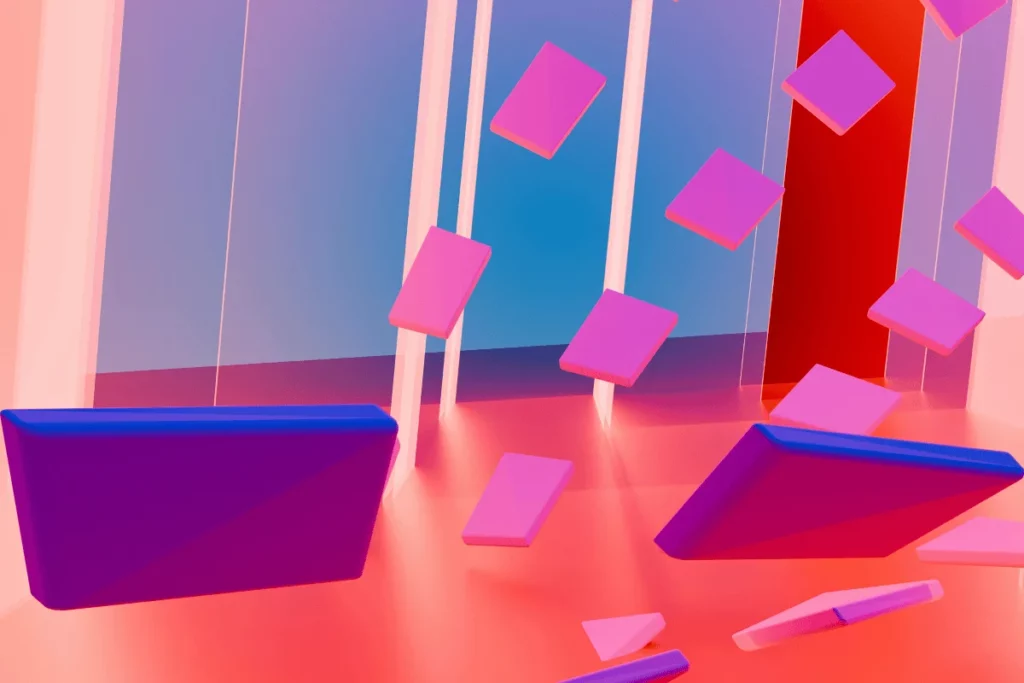 Surreal 3D image of pink and purple blocks floating in a colorful gradient space.