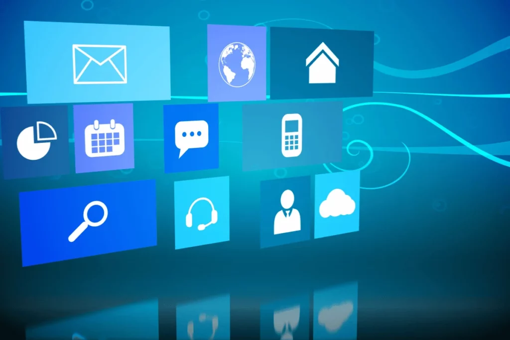 Colorful digital icons, including email, calendar, and cloud, for technology themes.