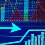 Financial graphs on a computer monitor indicating stock market trends with arrows.
