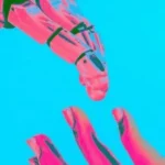 A robotic hand and a human hand reaching out on a bright blue background.