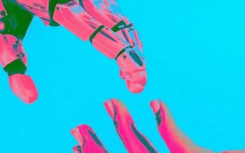 A robotic hand and a human hand reaching out on a bright blue background.