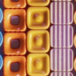 Close-up of a colorful, textured pattern with a variety of geometric shapes in rows.