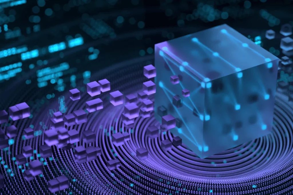 3D digital cubes and lines depicting a blockchain or data concept.