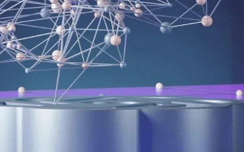 3D illustration of abstract network nodes connected over a cylindrical base on a purple grid background.