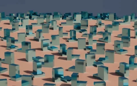 3D rendering of a vast array of blue glass-like cubes on a flat surface.