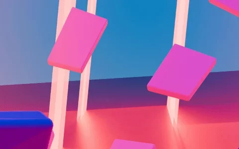 Abstract image of floating pink rectangles with blue platforms in a neon-lit, surreal environment.