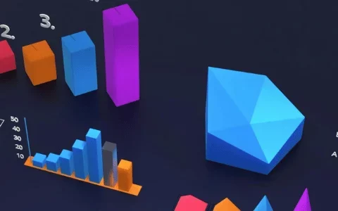 3D digital graphs and geometric shapes on a dark blue background.