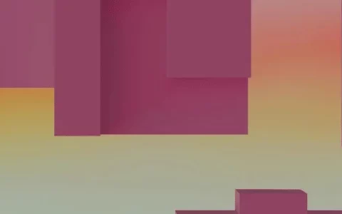 Abstract geometric forms in shades of purple float against a soft, gradient background transitioning from orange to pale green.