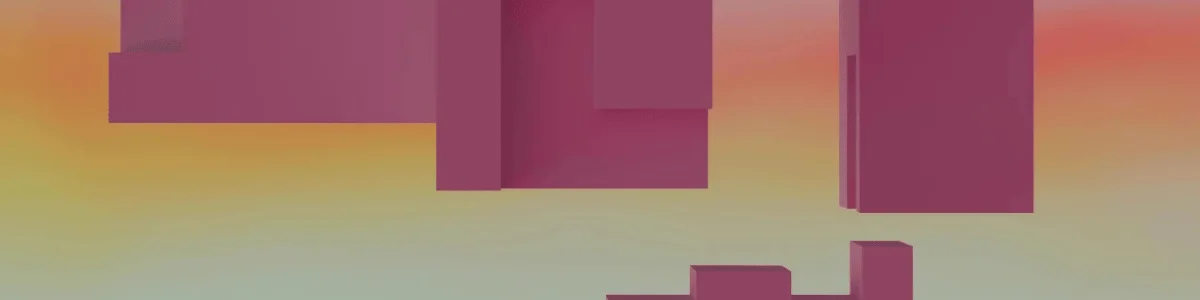 Abstract geometric forms in shades of purple float against a soft, gradient background transitioning from orange to pale green.