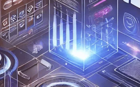 Futuristic digital interface with glowing holographic elements, interactive controls, and neon blue highlights.