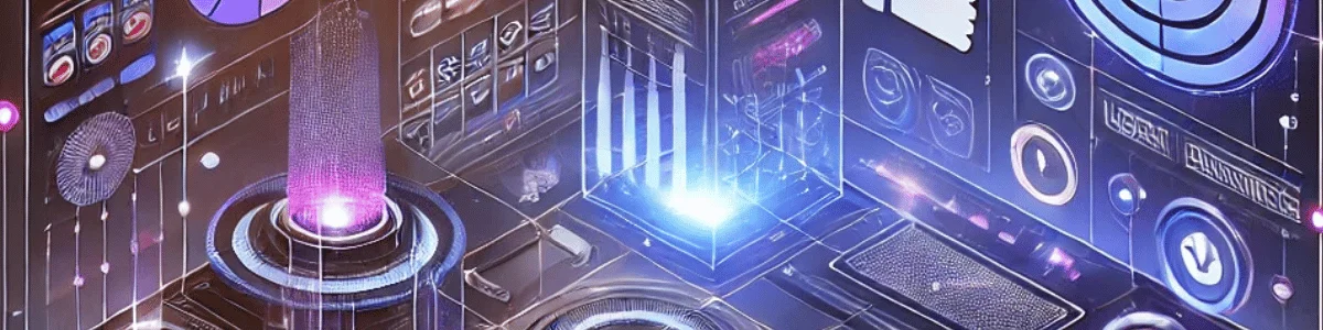 Futuristic digital interface with glowing holographic elements, interactive controls, and neon blue highlights.
