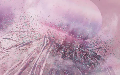 Abstract image featuring a translucent sphere surrounded by a cloud of pink and blue particles, creating a dreamy, ethereal atmosphere.