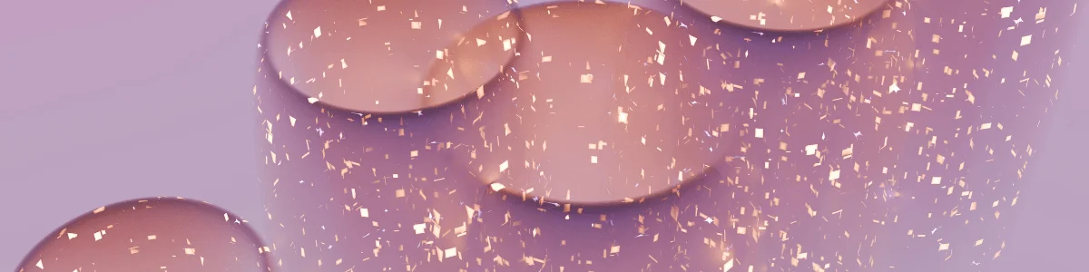 Abstract composition of soft, overlapping circular shapes with sparkling glitter against a pastel purple background.