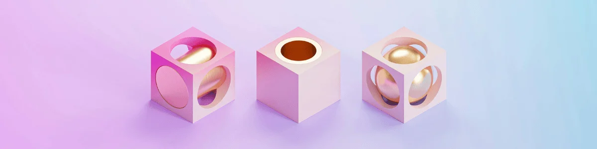 Three pastel-colored cubes with varying cutouts, showcasing golden spheres inside, set against a soft gradient background.