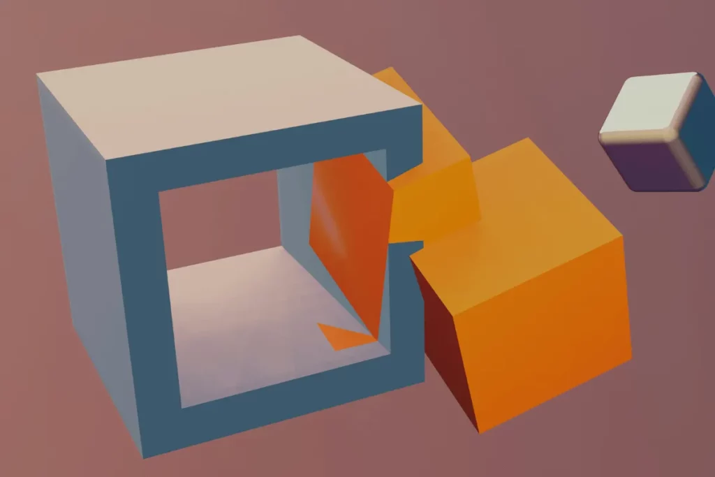 A blue and white hollow cube with an orange protruding shape, set against a soft pink background.