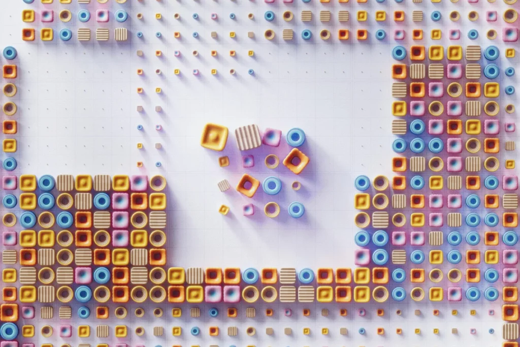 Futuristic digital artwork featuring a structured pattern of glossy geometric shapes.