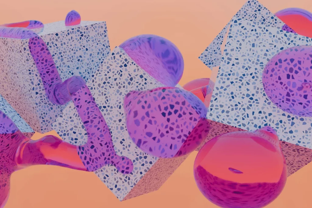 A dynamic and surreal arrangement of geometric and amorphous forms with vibrant, pastel-inspired hues.