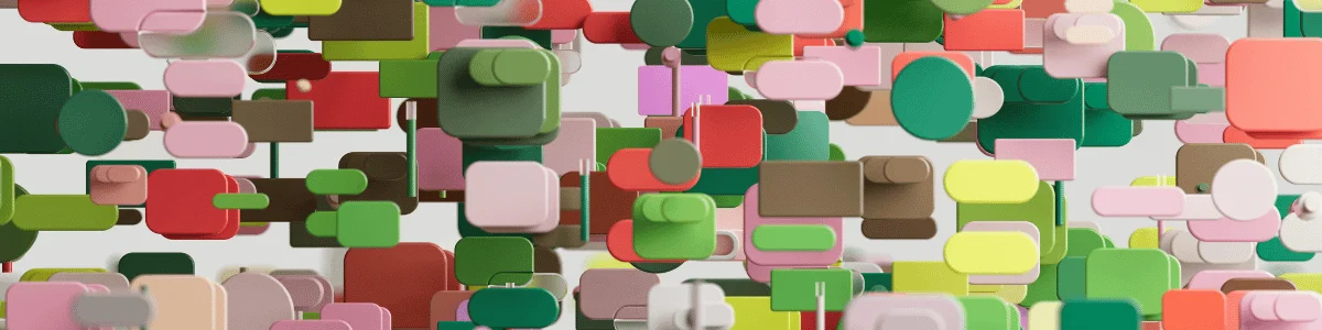 An abstract composition of colorful 3D shapes resembling blocks and circles in green, pink, red, and brown, creating a dynamic visual effect.