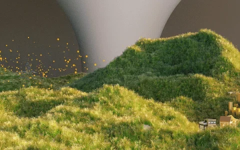 A stylized landscape features lush green hills beside city buildings, with a tornado in the background, merging nature and urban life.