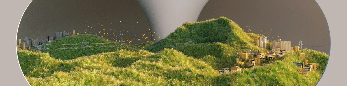 A stylized landscape features lush green hills beside city buildings, with a tornado in the background, merging nature and urban life.