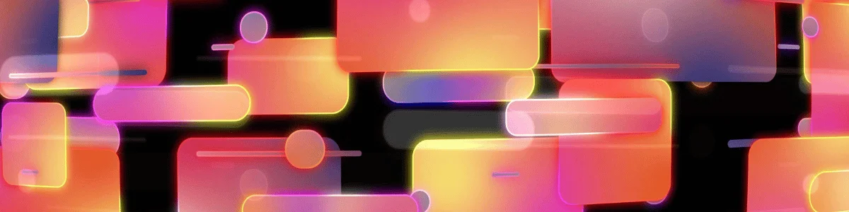 Abstract digital artwork featuring vibrant, glowing rectangles and circles in shades of pink, orange, and yellow against a dark background.