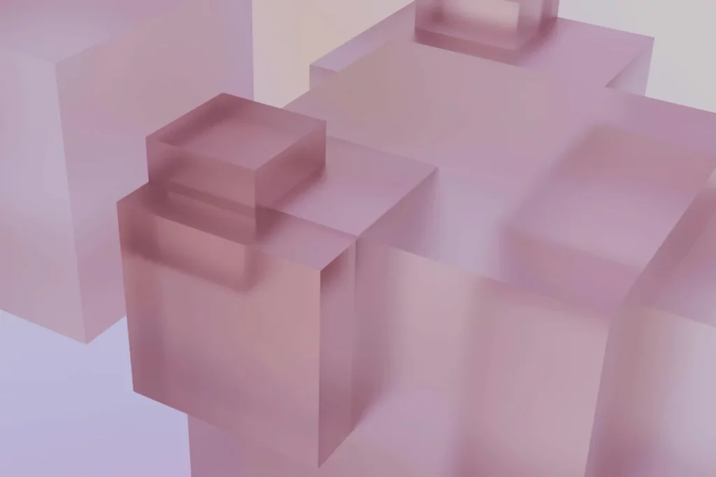 Abstract 3D rendering of translucent pink cubes arranged in a geometric pattern.