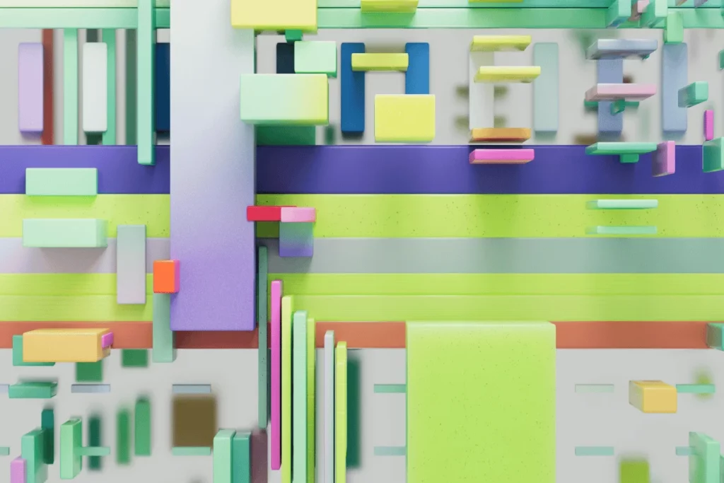 Contemporary digital artwork showcasing overlapping pastel rectangles and 3D blocks in vibrant colors.