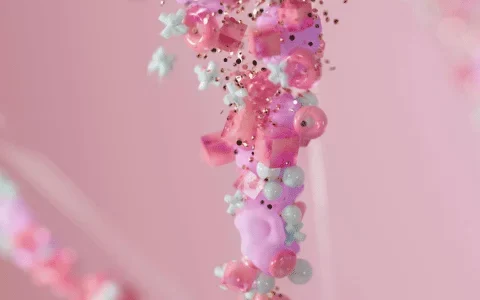 A close-up of colorful, whimsical decorations featuring pink and pastel beads shaped like cute animals, suspended against a soft pink background.