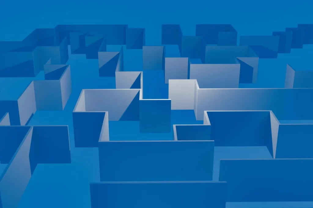 Futuristic digital rendering of a labyrinth in shades of blue.